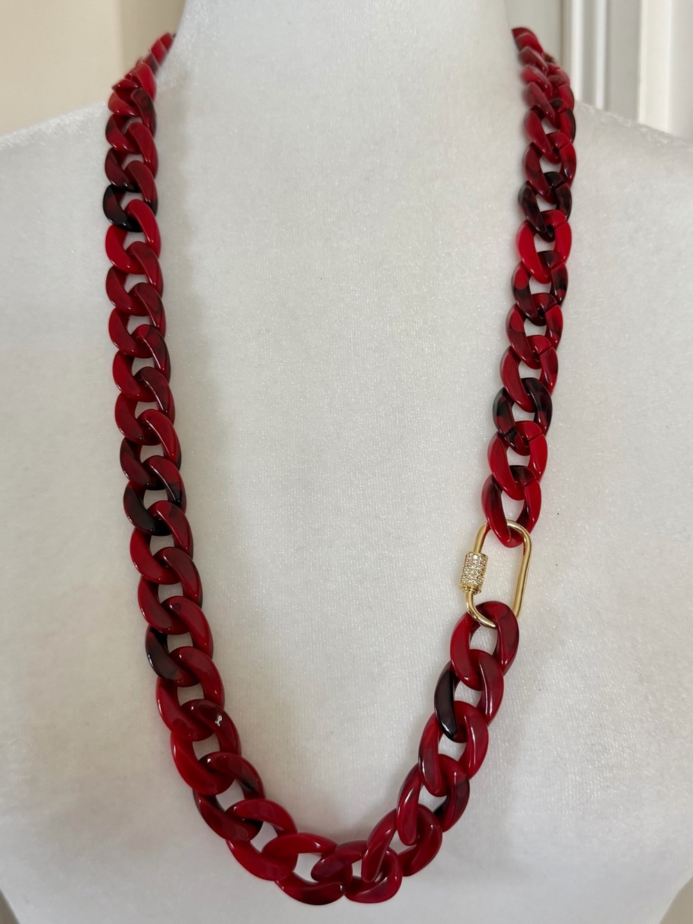 Glossy Red Acrylic Chain Necklace with Gold Paperclip Accent